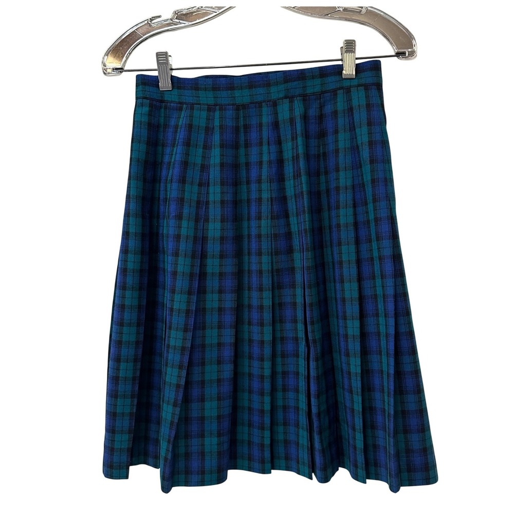 Talbots Vintage Blue Green Plaid Wool Kilt Wrap Skirt Pleated Made in USA 6 - Picture 2 of 8